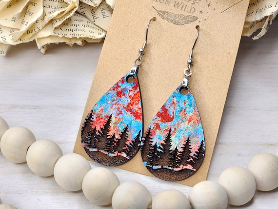 Nature Earrings, Engraved Trees on Copper Patina printed Wood, Wooden Earring, Large Dangle Earring for Women, Rustic Earring Gift for her