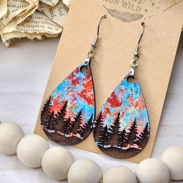 Nature Earrings, Engraved Trees on Copper Patina printed Wood, Wooden Earring, Large Dangle Earring for Women, Rustic Earring Gift for her