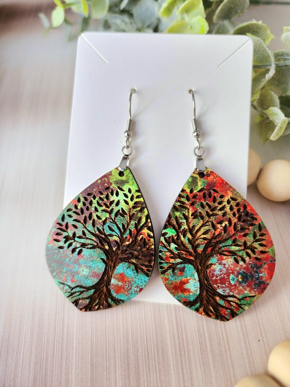Boho Wood Statement Earrings for Her, Colorful Engraved Tree Earrings, Outdoors Gift for Women, Long Dangle Nature Earring, Handmade Gift