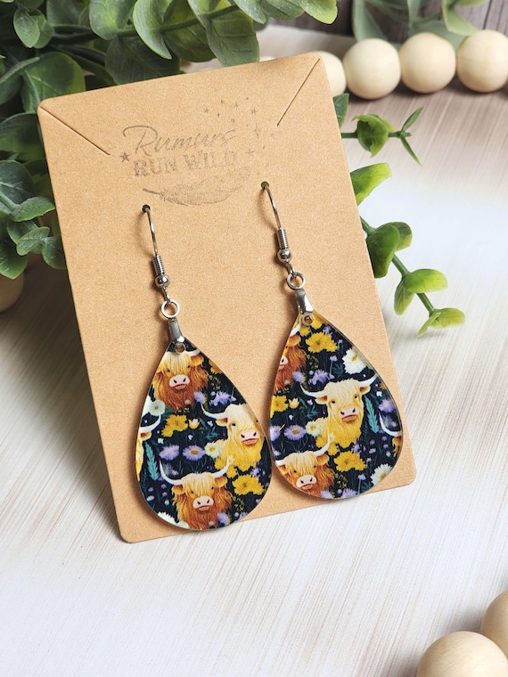 Highland Cow Earrings, Cow Print Earrings, Farm Animal Jewelry, Cute Teardrop Earrings, Country Gift for Her