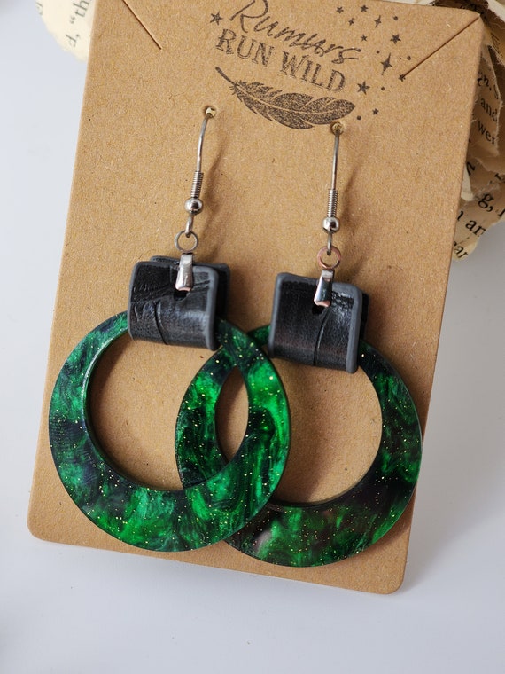 Green Swirl Earrings, Shimmery Earrings, Green Circle Earrings with Faux Leather, Gift for Her, Acrylic Earrings, Boho Jewelry, Large Dangle