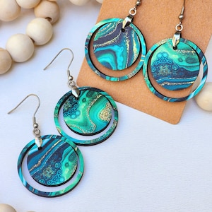 Handmade Wood Dangle Earrings: Green Agate Circle, Nickel Free