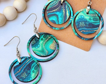 Handmade Wood Dangle Earrings: Green Agate Circle, Nickel Free