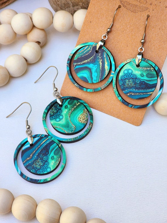 Unique Wood Dangle Earrings, Green, Black, and Gold Circle Earring for Her, Handmade Gift for Friend, Nature Lover Gift for Mom, Nickel Free