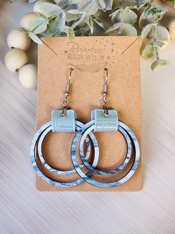 Statement Earrings in Blue, Cute Boho Dangle Earrings For Women, Nickel Free, 5th Anniversary Gift For Wife, Wood and Vegan Leather Earrings