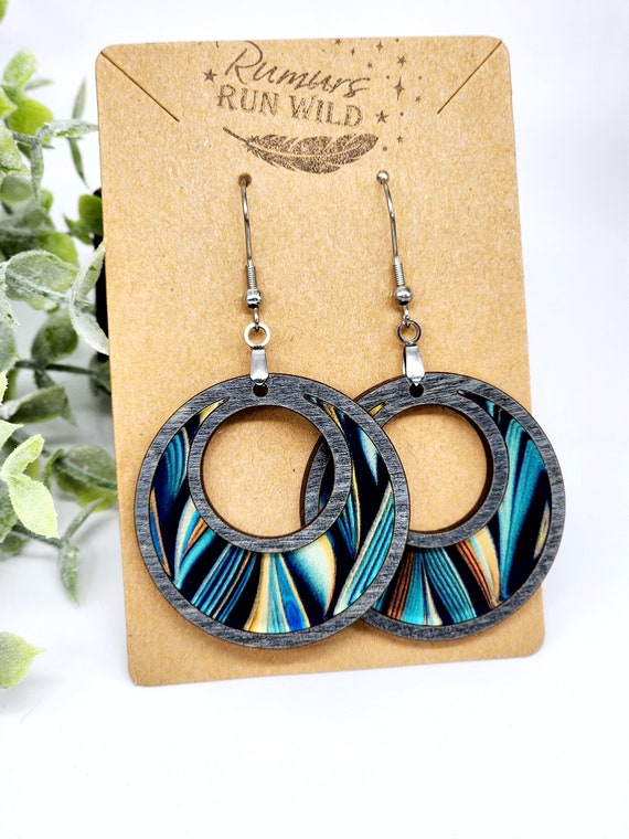 Colorful Wood Dangle Circle Earrings, Blue Wood Boho Earring Lightweight, Gift for Mom, Unique Birthday Gift for Girlfriend, For Best Friend