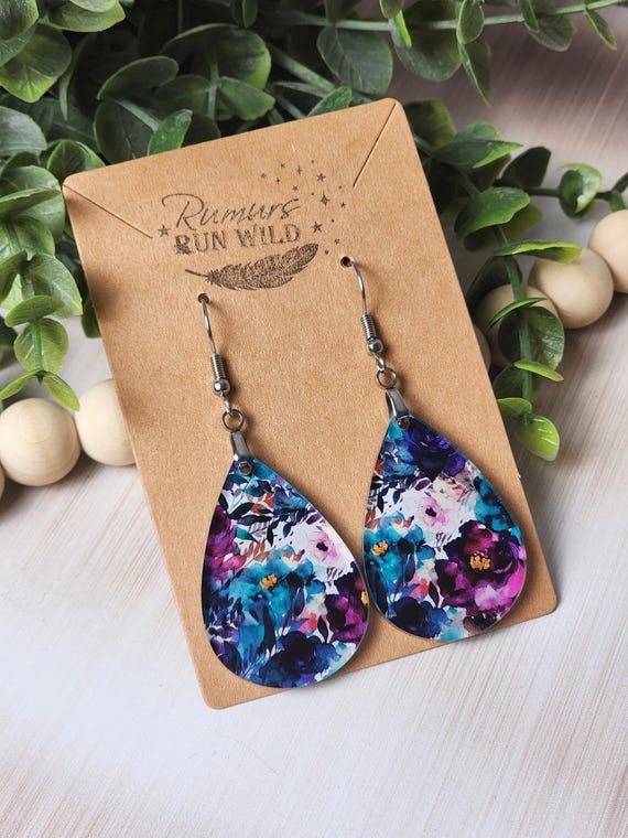 Floral Teardrop Earrings in Blue, Purple, and Pink: Lightweight Boho Flower Dangle Jewelry