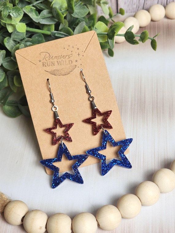 Patriotic Star Earrings, Red Blue Glitter Earrings, Fourth of July Earrings, Lightweight USA Dangles, Memorial Day Jewelry for Her