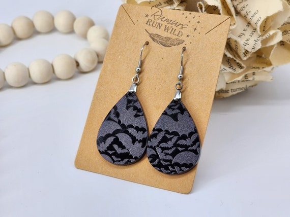 Spooky Halloween Earrings, Bat, Halloween Jewelry, Creepy Earrings, Bat Earrings, Teardrop Earrings, Costume Jewelry, Smoke and Mirror