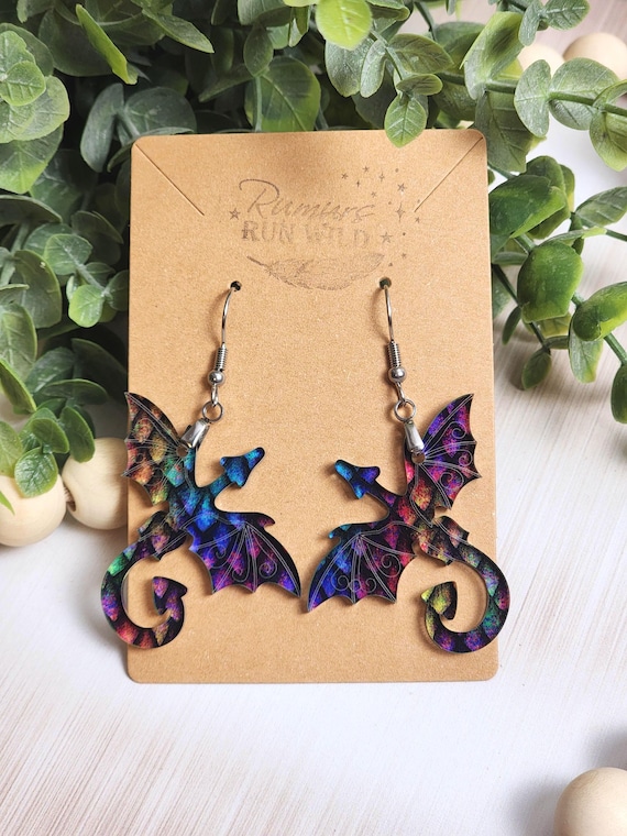 Dragon Earrings, Colorful Acrylic Dragon Dangle Earrings for Fantasy Lovers, Gothic Jewelry, Dragon Gift, Bookish Girl Earrings
