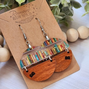 Bookshelf Earrings: Acrylic and Wood Book Lover Dangle Earrings