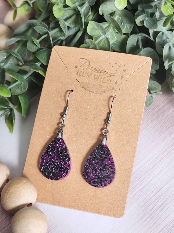 Deep Plum Lace Earrings, Black Floral Teardrop Earrings, Mini Purple Acrylic Dangles, Gothic Lightweight Jewelry