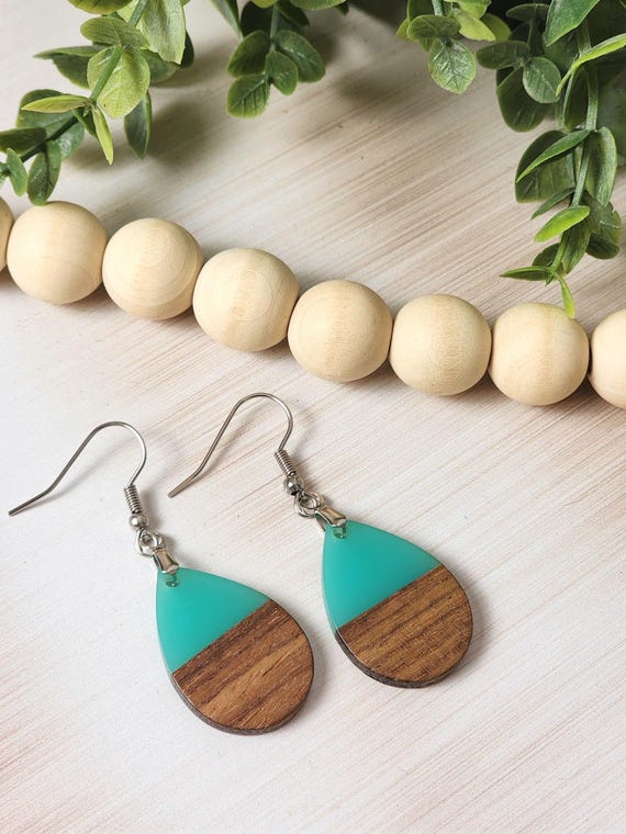Blue Resin Wood Teardrop Earrings: Lightweight Boho Dangle Jewelry for Her