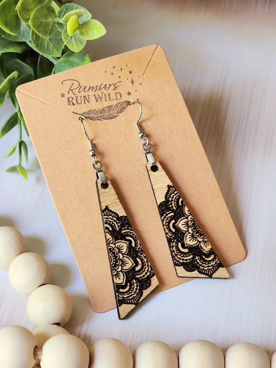 Boho Wood Mandala Dangle Earrings, Lightweight Hypoallergenic Nickel Free Earrings, Wood Earrings for a Great 5th Anniversary Gift for Wife