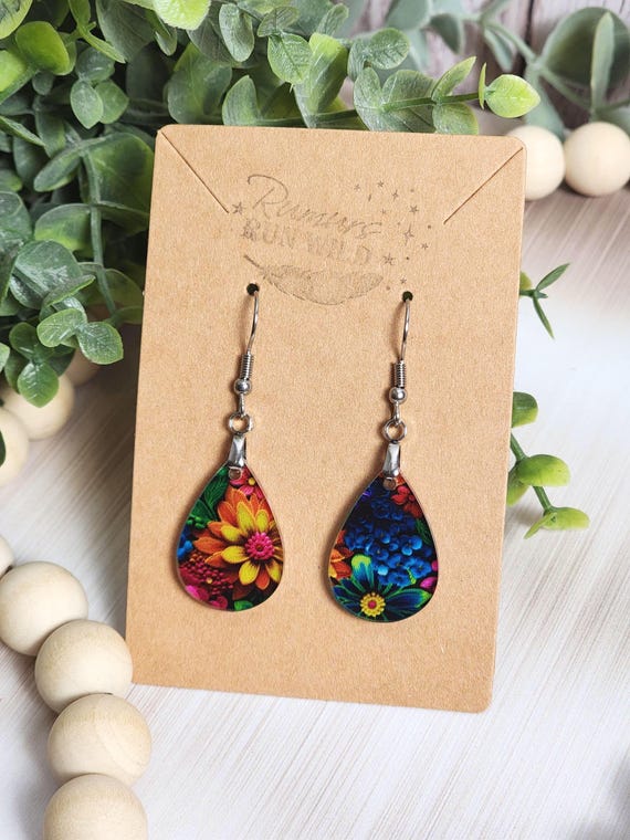 Dark Floral Earrings, Colorful Teardrop Earrings, Bold Flower Earrings, Lightweight Acrylic Earrings, Statement Boho Jewelry Gift for Her