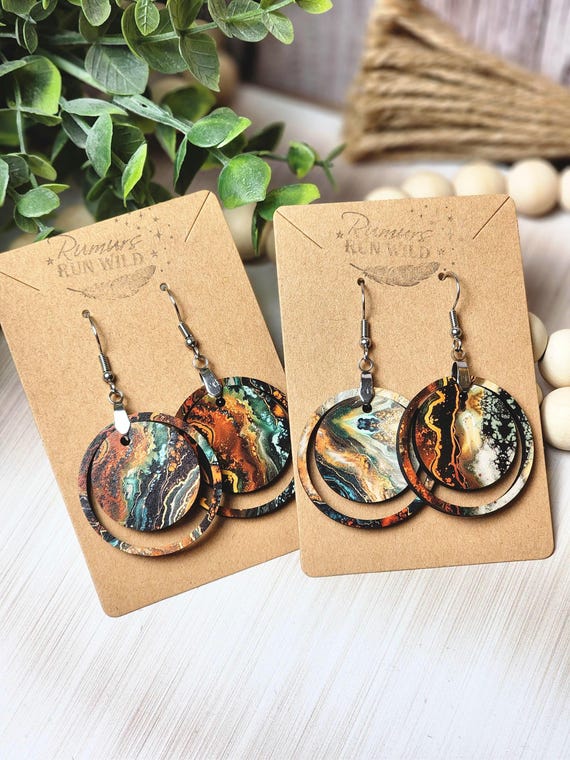 Boho Wooden Dangle Earrings, Unique Earthy Earring for Her, Handmade Nickel Free Earrings for Women in Agate Colors, Galaxy Swirl Earrings