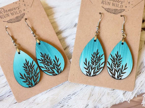 Engraved Wooden Leaf Earrings, Boho Dangle Earrings, Plant Lover Jewelry, Gift for Her, Lightweight Green Dangle Earrings Nickel Free