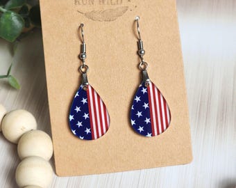American Flag Mini Teardrop Earrings, Patriotic Dangle Earrings, Fourth of July Earrings, Lightweight USA Earring, Memorial Day Gift for Her