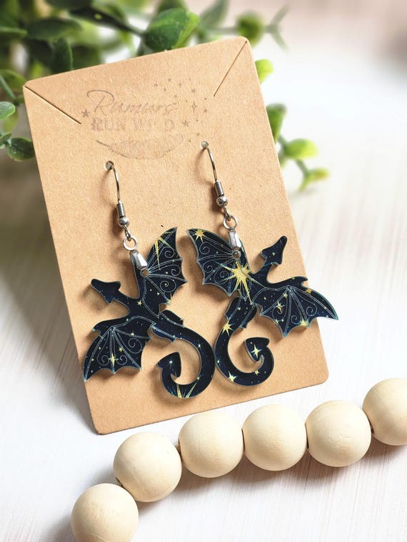 Dragon Earrings, Celestial Earrings, Starry Night Jewelry, Fantasy Dragon Earrings, Lightweight Statement Earrings, Galaxy Jewelry Gift