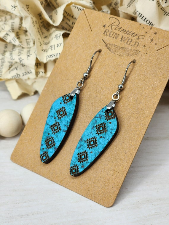 Boho Western Long Dangle Earrings, Turquoise Earrings, Rustic Earrings, Western Earrings, Engraved Wood Dangle Earrings, Boho Jewelry, Cute