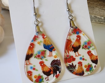 Fun Rooster Earrings, simple teardop earrings, with a rooster design, dangle earrings, Lightweight, gift for her, farmhouse style, Rustic