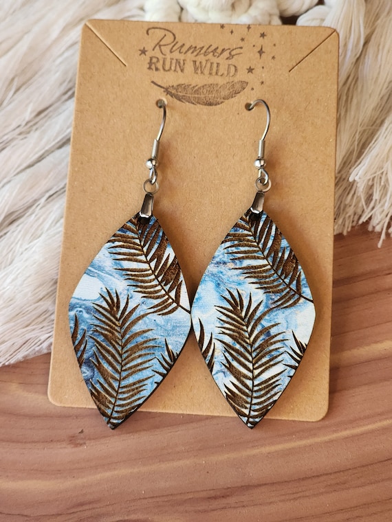Large Boho Wood Dangle Earrings in Blues, Palm Engraved Leaf, Gift for Her, Long Dangle Earrings, Nature Themed, Statement Earrings, Fun