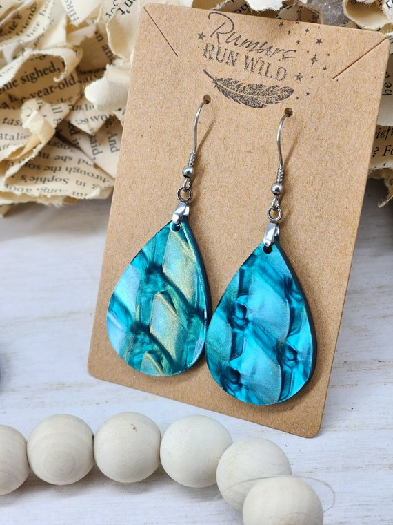 Dangle Teardrop Earrings in Blue, Jewlery Gift for Her, Gift for Wife, Lightweight Hypoallergenic Earring, Fun shimmer earring, blue earring