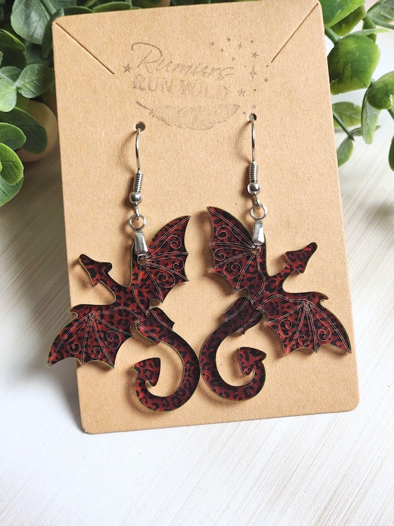 Dragon Earrings, Gothic Red Earrings, Fantasy Dragon Jewelry, Lightweight Statement Earrings, Dark Academia Jewelry, Unique Gift