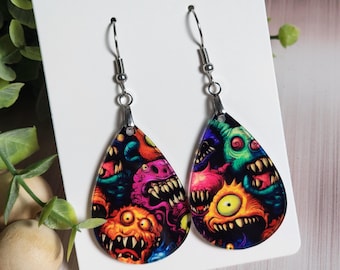 Colorful Monster Earrings, Creepy Cute Halloween Earrings, Acrylic Teardrop Dangles, Clearance Earrings