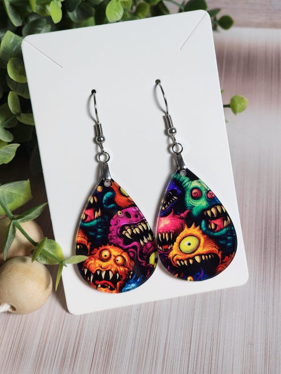 Colorful Monster Earrings, Creepy Cute Halloween Earrings, Acrylic Teardrop Dangles, Clearance Earrings