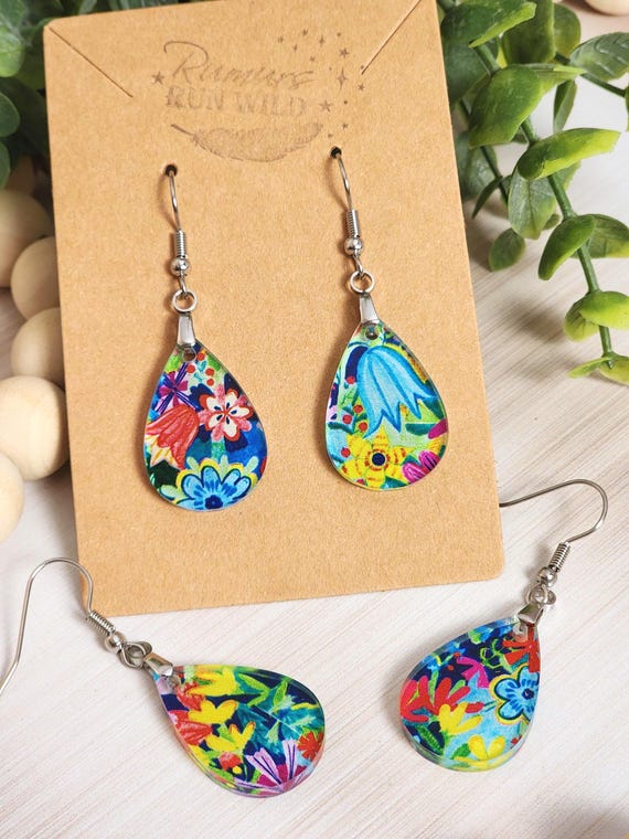 Colorful Floral Earrings, Teardrop Dangle Earrings, Bright Flower Earrings, Lightweight Acrylic Earrings, Boho Summer Jewelry Gift for Her