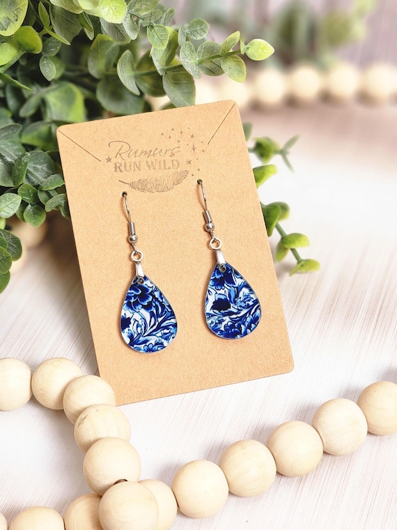 Blue Floral Earrings, Teardrop Dangle Earrings, Blue and White Earrings, Lightweight Acrylic Earrings, Classic Floral Jewelry Gift for Her