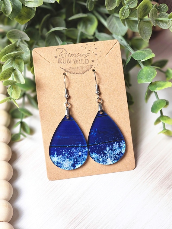 Blue Winter Statement Earrings for Her, Christmas Earrings for Mom, Snowflake Earrings for Christmas Gift, Lightweight Nickel Free Earrings