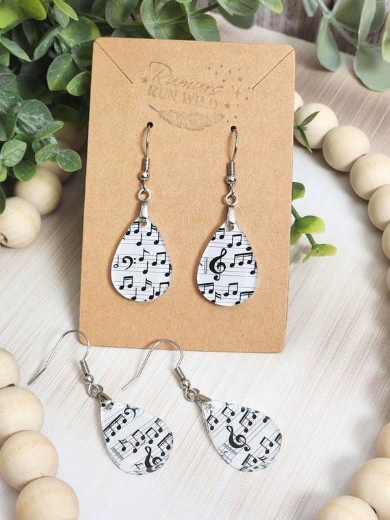 Music Note Earrings Black White Teardrop, Music Lover Gift, Piano Teacher Gift, Band Choir Earrings, Small Dangle