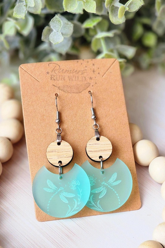 Boho Dragonfly Earrings for Mom, Whimsical Statement Earring Gift for Girlfriend, Sea Glass Blue Acrylic and Natural Wood Dangle Earrings