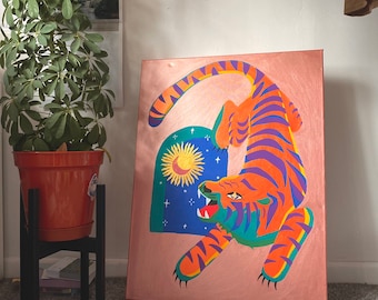 A2 Tiger Sun and Moon Shimmery Acrylic Painting Original One of a Kind Spiritual Boho Decor Home Gift Gold Rose Gold Copper