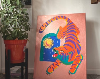 A2 Tiger Sun and Moon Shimmery Acrylic Painting Original One of a Kind Spiritual Boho Decor Home Gift Gold Rose Gold Copper