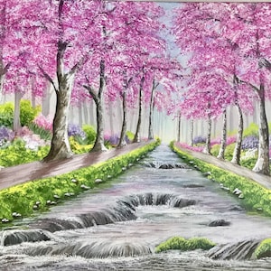 Pink Trees in Spring 16&quot;x20&quot; Original acrylic painting on stretched canvas-Ready to hang!