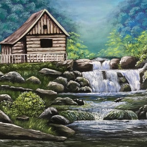 Hut in de buurt van watervallen 16&#39;&#39;x20 &quot;Origineel acryl schilderij op uitgerekt canvas- Klaar om op te hangen!