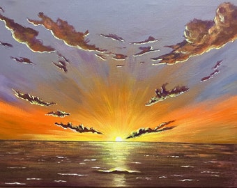 Pintura acrílica original de Beach Sunset 14 "x 18" lienzo estirado