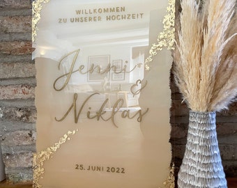 Willkommen Schild Hochzeit - Personalisiert - Handbemalt Blattgold