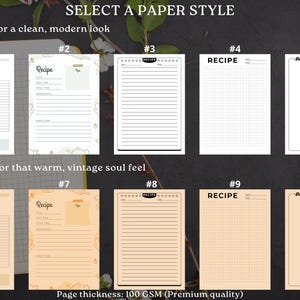 Può includere: Una visualizzazione digitale che mostra dieci distinti modelli di schede ricette disposti su due righe. La riga superiore presenta stili di carta bianca numerati da 1 a 5, mentre la riga inferiore mostra stili di carta color kraft numerati da 6 a 10. Il testo include SELECT A PAPER STYLE, WHITE, CRAFT e Page thickness: 100 GSM.