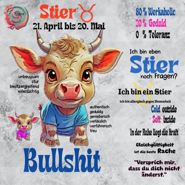 Digiset*Sternzeichen Stier* basteln 24 xDigipapier png/svg plotten Stier Dame und Mann Sternzeichen lustiger Spruch rosa/bau Farbpalette svg