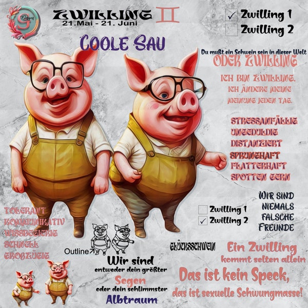 Digiset*Sternzeichen Zwilling* basteln 24 xDigipapier png/svg Schweine Sternzeichen lustiger Spruch Farbpalette svg Outline einzelne Figuren