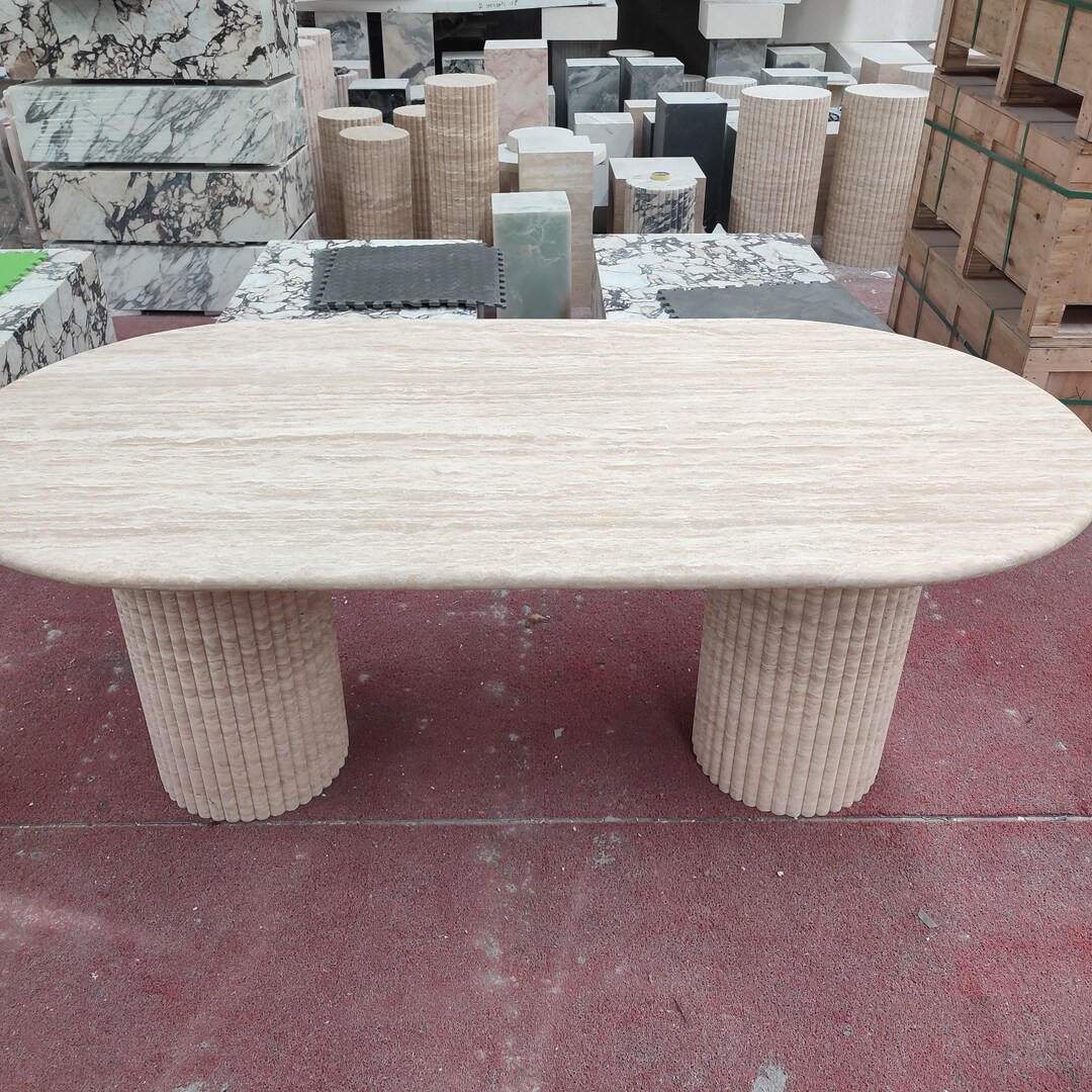Oval Travertine Dining Table With Fluted Cylinder Base Etsy