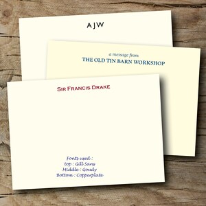 May include: A white card with the text "AJW" in black at the top, followed by "a message from THE OLD TIN BARN WORKSHOP" in blue. Below that is a second white card with the text "SIR FRANCIS DRAKE" in red. The bottom card also has the text "Fonts used: top: Gill Sans Middle: Goudy Bottom: Copperplate" in blue.