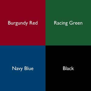 May include: A color chart with four squares showing the colors burgundy red, racing green, navy blue, and black.