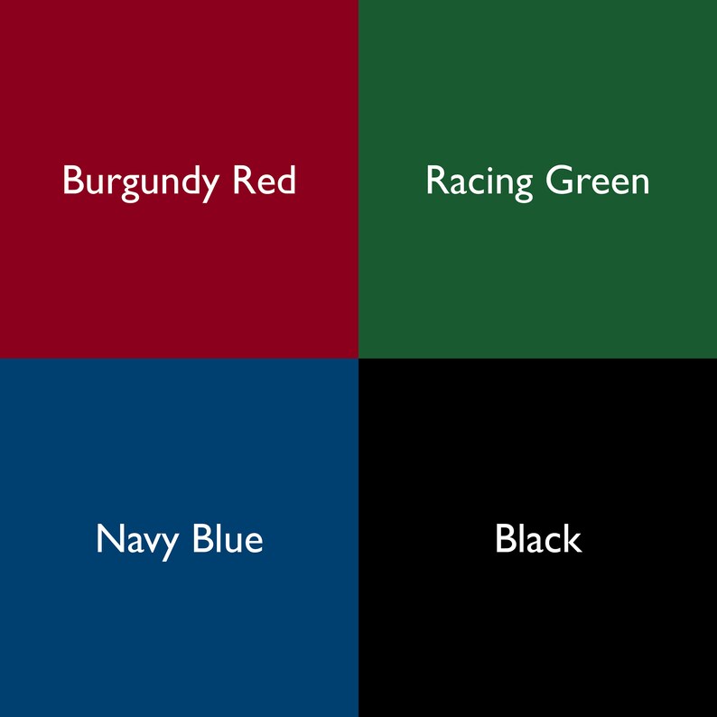 May include: A color chart with four squares showing the colors burgundy red, racing green, navy blue, and black.
