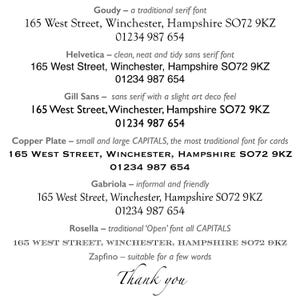 May include: A list of different fonts with their names and descriptions. Each font is shown with an example of the font style and the address 165 West Street, Winchester, Hampshire SO72 9KZ and phone number 01234 987 654.