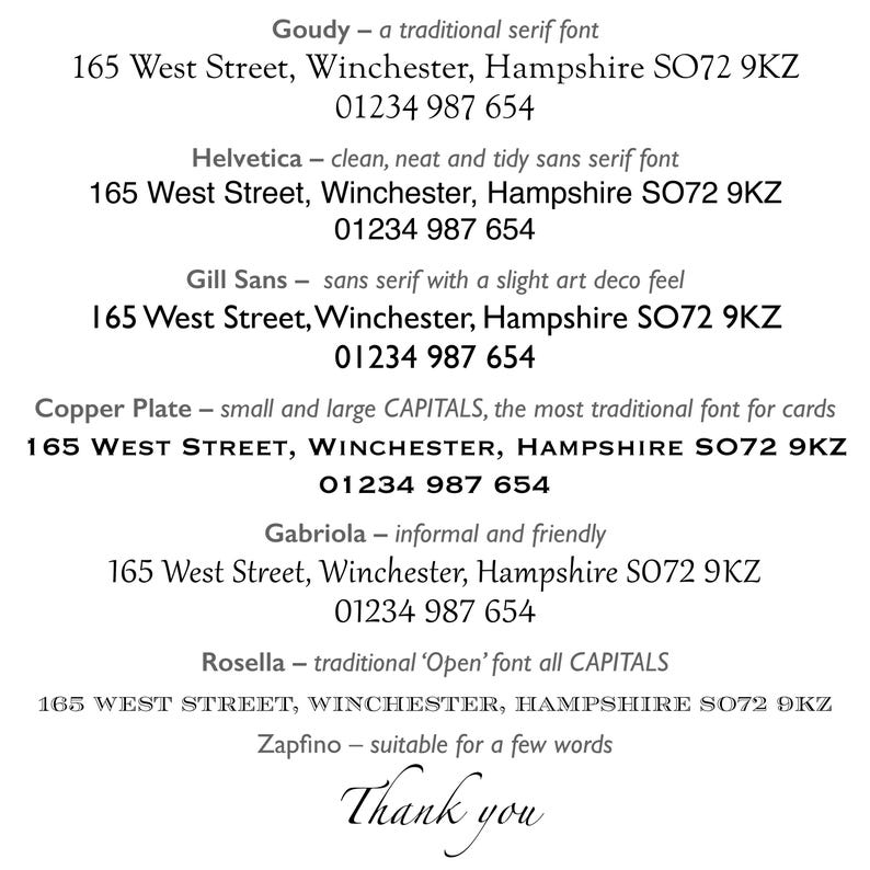 May include: A list of different fonts with their names and descriptions. Each font is shown with an example of the font style and the address 165 West Street, Winchester, Hampshire SO72 9KZ and phone number 01234 987 654.